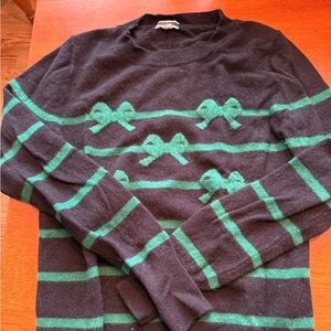 J. Crew Black and Green Bow Striped Crewneck Sweater